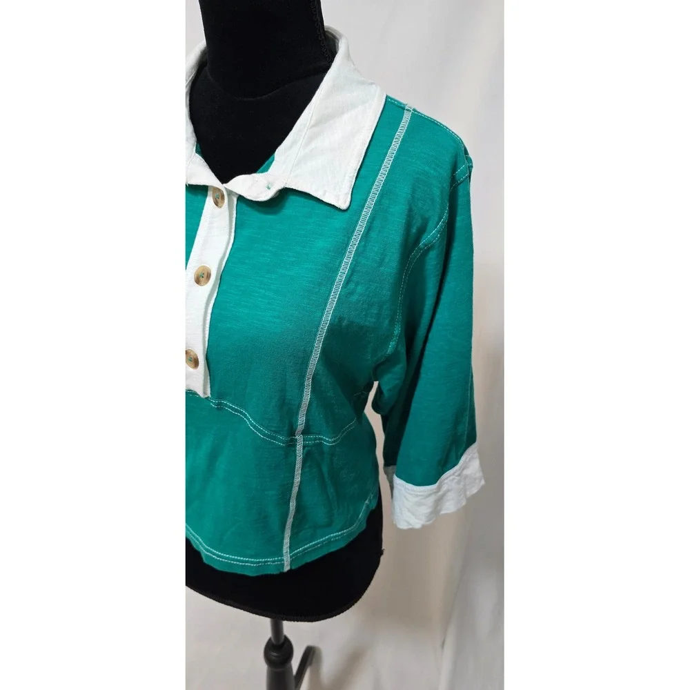 Pilcro Corset Inspired 3/4 Sleeve Polo Shirt Women M Green Anthropologie